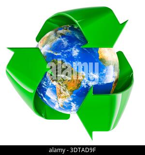 Erde mit Recycling-Symbol, Umweltschutz und Konzept der nachhaltigen Entwicklung. 3D-Rendering isoliert auf weißem Hintergrund Stockfoto