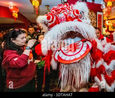 London, Großbritannien. Februar 2026. Löwentänzer besuchen Geschäfte und Restaurants in Chinatown, um Glück für das neue Jahr zu bringen. Die LCCA organisiert das chinesische Neujahrsfest 2025 für das Jahr des Pferdes. Guy Bell/Alamy Live News Stockfoto