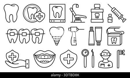 Zahnheilkunde schwarze Linie Vektor-Symbolsatz. Einfarbige Umrisszahnzeichensammlung, stomatologisch editierbare Schlaganfallisolierte Symbole Stock Vektor