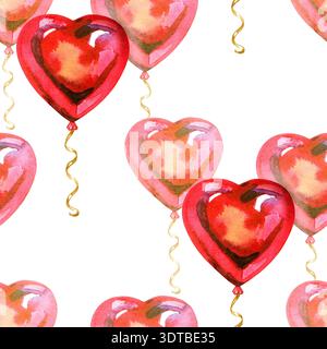Handgemaltes, nahtloses Muster aus roten und rosafarbenen Ballons in Herzform mit goldenen gewellten Bändern. Ein romantisches und festliches Design, perfekt für Stockfoto