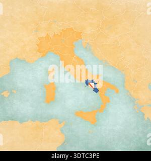 Kampanien (kampanische Flagge) auf der Karte von Italien in weichem Grunge und Vintage-Stil, wie altes Papier mit Aquarellmalerei. Stockfoto