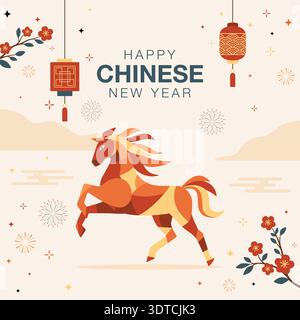 Glückliches chinesisches Neujahrsquadratisches Banner 2026 mit Pferd Zodiac, Laternen, Feuerwerk und Blütenzweige, Vektor-Illustration. Chinesischer Neujahrsgruß Stock Vektor