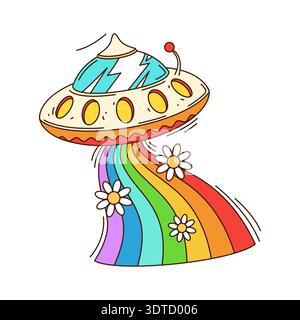 Space Alien UFO Cartoon grooviger Aufkleber oder Tag Stock Vektor
