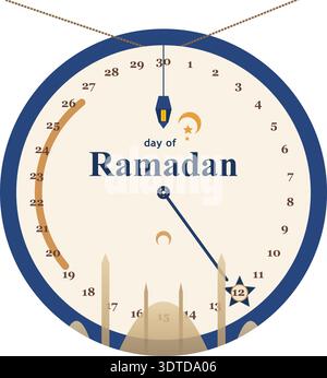 Vektor-Illustration eines 30-tägigen Ramadan-Fastensuchers in einem runden Uhrstil mit Moschee-Silhouette, Mondsichel und hängender Laterne Stock Vektor