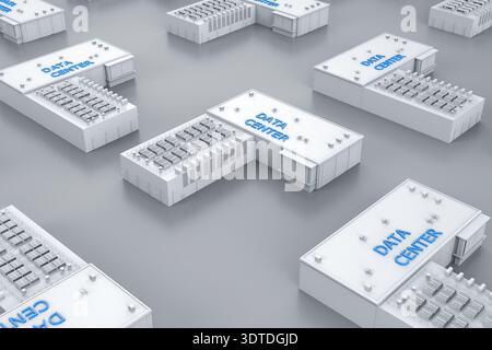 3D-Rendering von isometrischen Rechenzentrumsgebäuden im Industriepark Stockfoto