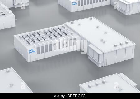 3D-Rendering von isometrischen Rechenzentrumsgebäuden im Industriepark Stockfoto
