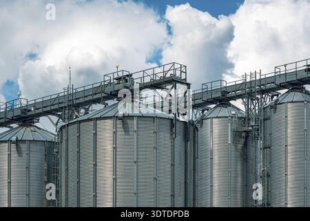 Industrieanlagen von Futtermittel- und Mehlmühlen. Nahaufnahme von Stahlkornlagersilos Stockfoto