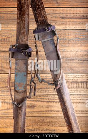 Antike Holzskier mit Lederbindungen vor rustikalem Holzhintergrund Stockfoto