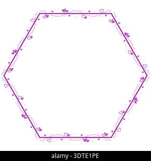 Lilafarbener Sechseckiger Rahmen Mit Glitzer- Und Love Heart-Muster Stock Vektor