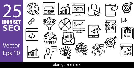 Eine Sammlung von 25 Schwarzweiß-Vektorsymbolen, die für SEO und digitales Marketing entwickelt wurden und Konzepte wie Suche, Wachstumsdiagramme, Ziele und Geschwindigkeit darstellen Stock Vektor