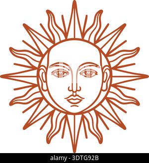 Orange Line Art Sonne mit menschlichem Gesicht und strahlenden Strahlen im Vintage Stil Stock Vektor