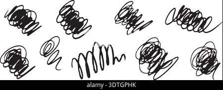 Abstrakte Schwarz-weiß-Illustration, die mehrere wirbelnde Spiralformen zeigt, die Federn oder Kritzeleien ähneln Stock Vektor