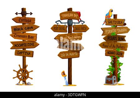Zeichentrick-Holzpiraten-Korsair-Schilder, Papagei Stock Vektor