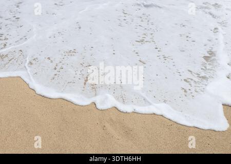 Weißer Meeresschaum, der über goldenem Sand am Strand gespült wird Stockfoto