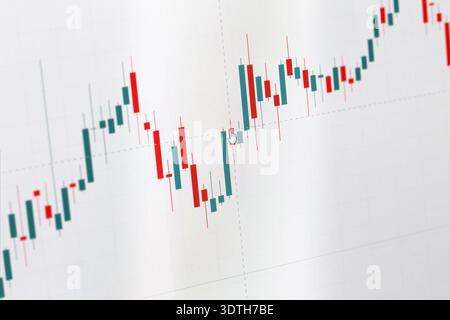 Nahaufnahme eines Börsencharts, Makrofotografie mit geringer Schärfentiefe. Day Trading-Konzept. Analyse, abstrakte Grafiken. Stockfoto