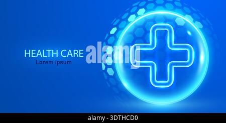Futuristisches medizinisches Neonkreuz in einer leuchtenden Kugel auf blauem Hintergrund, perfekt für Gesundheitskonzepte. Vektorabbildung Stock Vektor