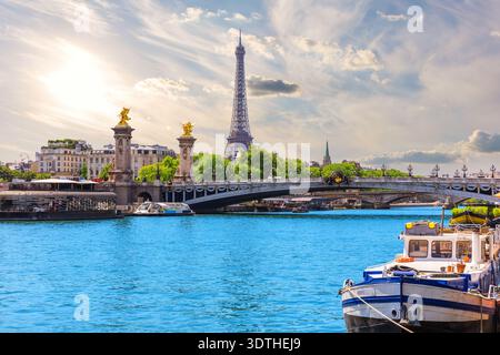 Blick auf den Pariser Sonnenuntergang mit Eiffelturm und Alexandre III Brücke über die seine, Frankreich. Stockfoto