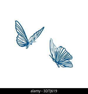 Schmetterlinge mit anmutigen Flügeln flattern in der Luft. Handgezeichnete Vektorillustration im Linienart-Stil. Schwarzweiß-Clip-Art für Karten, Einladungen und Stock Vektor