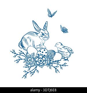 Osterhase und Küken dekoriert mit Blumen, Zweigen, Eiern und fliegenden Schmetterlingen. Handgezeichnete Vektorillustration im Linienart-Stil. Monochrom Clip A Stock Vektor