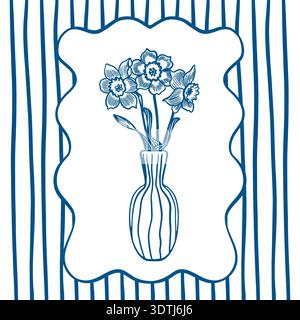 Strauß von Narzissen in einer Vase mit gewelltem Rahmen. Hand gezeichnete Vektor-Illustration von Blume Silhouetten. Schwarzweiß-Clip-Art für Federkarten Stock Vektor