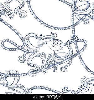 Nahtloses nautisches Vintage-Muster mit Schleife, Knotenseil und Oktopus. Vektor Hand gezeichnete Skizze Meerestiere Illustration. Hintergrund für die Seefahrt. Fas Stock Vektor