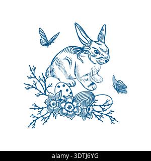 Osterhase mit einem Blumenstrauß, Zweigen und Eiern. Flatternde Schmetterlinge. Handgezeichnete Vektorillustration im Linienart-Stil. Schwarzweiß-Clip-Art Stock Vektor