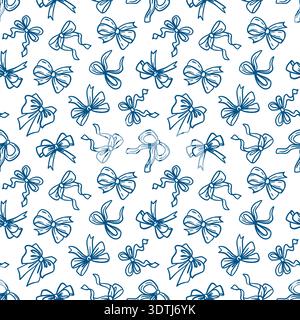 Nahtloses Schleifenmuster. Handgezeichnete Vektorillustration verschiedener Bindungen. Blaue Schwarzweiß-ClipArt für Stoff-, Geschenkpapier-, Textil- und Kartendesigns. Stock Vektor