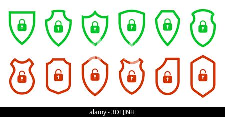 Satz von Schildsymbolen mit Symbolen zum Sperren und Entsperren in grünen und roten Umrissen. Verschiedene Schildformen mit Vorhängeschlössern, ideal für die Sicherheit Stock Vektor