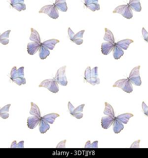 Morpho-Schmetterlinge. Nahtloses Muster von zarten Pastellschmetterlingen mit weichen lila und blauen Flügeln. Perfekt für Stoff, Tapeten, Geschenkpapier Stockfoto