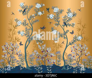 Chinoiserie Vektor-Wandbild mit blühenden Bäumen Vögeln Insekten auf elegantem goldenen orientalischen Hintergrund Stock Vektor
