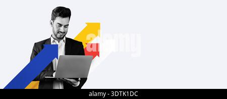Man arbeitet mit Laptop in einer modernen Büroumgebung, umgeben von Pfeilen, die Wachstum anzeigen Stockfoto