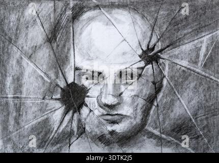 Konzeptionelle Holzkohle-Illustration eines Mannes in Verzweiflung hinter zersplittertem Glas, symbolisiert psychische Gesundheitsprobleme und emotionalen Zusammenbruch. Stockfoto