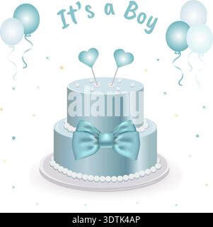 Babyparty für einen Jungen mit Kuchen, blauer Schleife, Ballon in pastellblauer Farbe. Babyparty-Dekoration, Einladung, Poster Stock Vektor