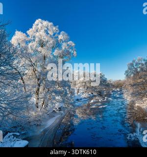 Ein Blick im Winter an einem eisigen Morgen mit Raureif von der Redesmouth Bridge in Northumberland nahe Redesmouth mit Blick auf den North Tyne Stockfoto