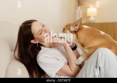 Lächelnde Frau, die auf dem Sofa sitzt, während ihr Corgi-Hund ihr Gesicht anschmiegt. Gemütliche Indoor-Lifestyle-Szene mit Zuneigung, Begleitung und emotionaler Verbindung Stockfoto