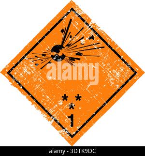 Sicherheitsplakette für Gefahrenpotenziale der Klasse 1. Orangefarbenes Diamant-Warnschild mit einer grunge, versehrten Textur. Vektor-Illustration mit einem Bur Stock Vektor