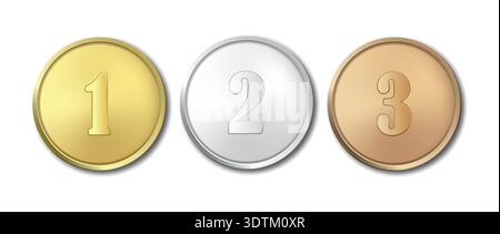 Vector 3D Gold-, Silber- und Bronzemedaillen mit den Zahlen 1 2 3. Realistic Award für Podium-Rangliste. Sportturnier und Meisterschaft Stock Vektor
