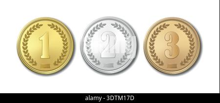 Vektor 3D Gold-, Silber- und Bronzemedaillen mit Zahlen. Realistic Award für Podium-Rangliste. Sportturnier und Meisterschaft. Wettbewerb Stock Vektor