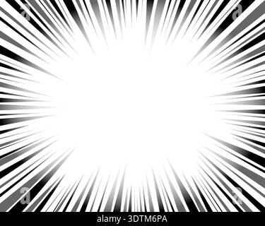 Schwarze und graue Linien mit radialer Geschwindigkeit auf weißem Hintergrund. Vorlage für Anime-Buchseiten. Comic-Betonung oder -Aufprall, Explosion oder Knall, Kraft oder Bewegung, Blitz Stock Vektor