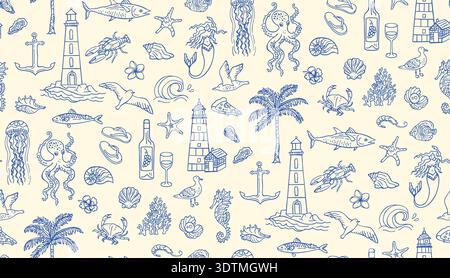Handgezeichnetes Küstenleben nahtloses Muster, Ocean Travel Doodle mit Mediterranean Travel Silhouette. Italienische und spanische Sommerstimmung mit Speisen, Wein und Meeresfrüchten an der Amalfiküste Stock Vektor