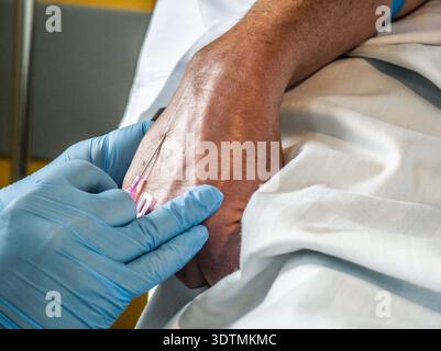 Platzierung einer intravenösen Durchstechflasche (periphere Venenkatheterisierung), Son Llatzer Hospital, Mallorca, Balearen, Spanien. Stockfoto