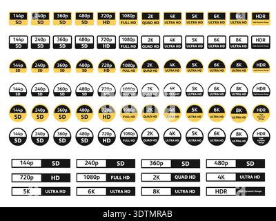 Bildersammlung mit Symbolen für Videoqualität in Rechteck, Halbkreis und Kreis, die SD, HD, Full HD, 2K, 4K, 5K-, 6K-, 8K- und HDR-Auflösungen auf weißem Hintergrund Stock Vektor