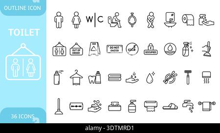 Clean Outline Icon Set aus Toiletten, Toiletten, Reinigungs- und Badezimmereinrichtungen in einem einfachen Linienstil Stock Vektor