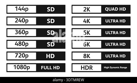 Sammlung von Etiketten für Videoqualität von SD bis 8K und HDR-Symbolen in modernem rechteckigem Design Stock Vektor