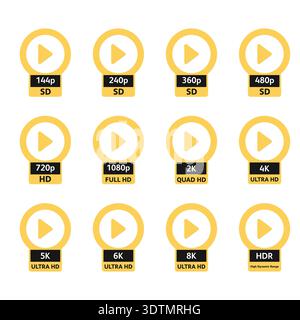 Gelbe Symbole für die Videoauflösung der Wiedergabetaste zeigen SD, HD, Full HD, 2K, 4K, 5K-, 6K-, 8K- und HDR-Qualitätsstufen Stock Vektor