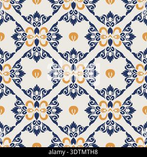 Elegantes Damastmuster mit geometrischen Blumenelementen in Marineblau und Senfgold Stock Vektor