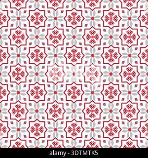 Modernes abstraktes nahtloses Muster mit roten geometrischen Sternen und grauen Blumenmotiven, elegantes Stoffdesign Stock Vektor