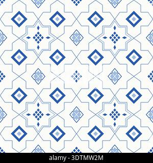 Abstraktes blaues, nahtloses geometrisches Muster. Traditioneller Fliesenhintergrund mit Quadraten und Sternen im islamischen Stil Stock Vektor