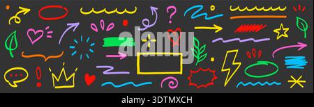 Markierungslinie, handgezeichneter Pfeil, Markierungslinie, Markierungssatz markieren. Skizzenfarbe Hand gezeichnete Markierungslinie Pfeilpinsel Elementform Grafik. Kritzelfarben unterstreichen, kreisförmige Rahmen-Symbole. Vektorabbildung Stock Vektor