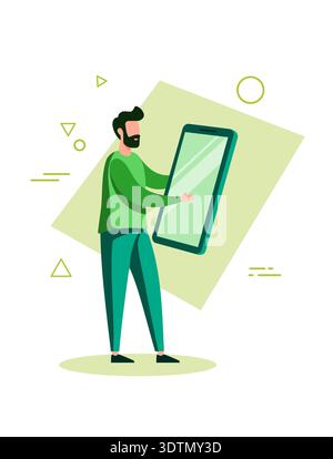 Eine professionelle flache Illustration eines bärtigen Mannes, der mit einem großen Smartphone-Bildschirm interagiert. Stock Vektor